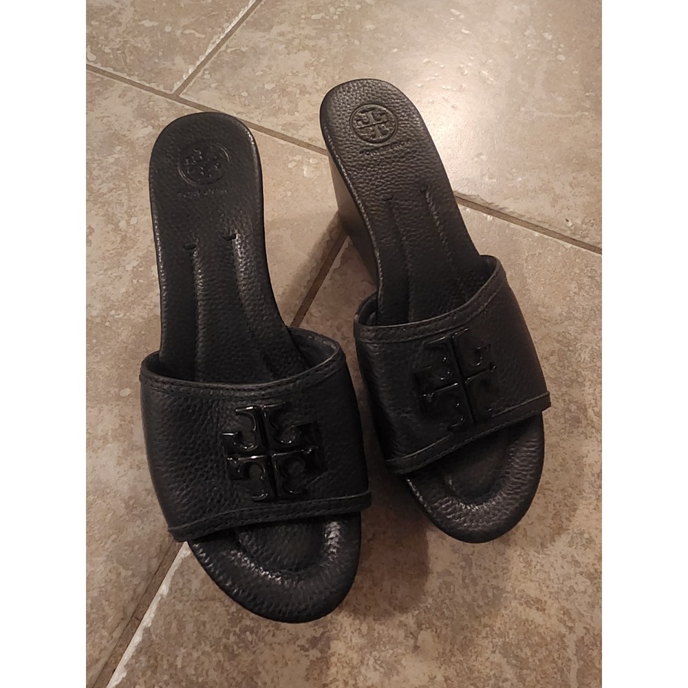Tory Burch Black Pebble Leather Double T Logo Wedge Slide Sandals Womens 7.5